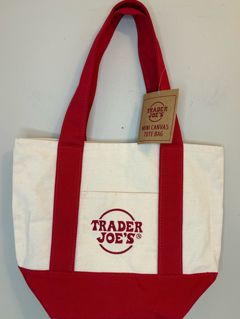 Trader Joe’s Mini Canvas Tote Bag Red & Cream NWT Reusable